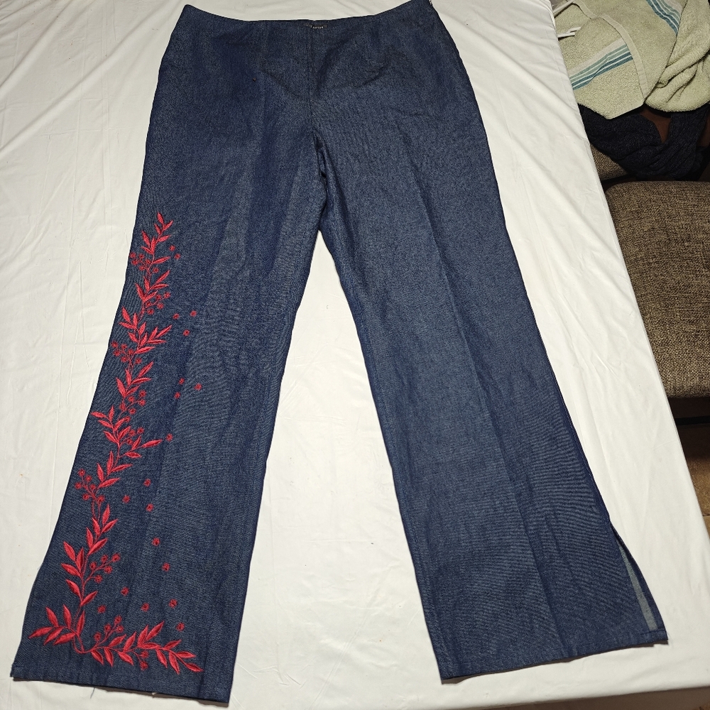 Anne Carson Pants Womens 16 Blue Denim Embroidered Beaded Floral Side Zip Lined